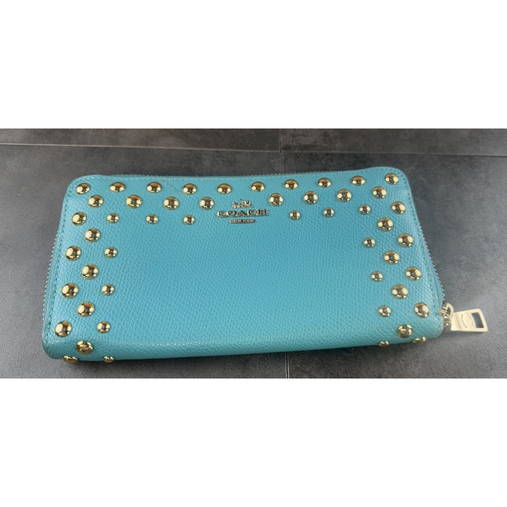 Coach Zip Around Turquoise Leather Wallet wtih Gold Studs-CLEAN